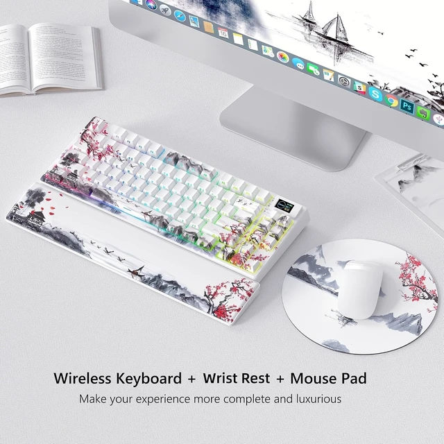 Alt view image 9 of 14 - Womier 75% Wireless Mechanical Keyboard with Color Multimedia Screen Gaming Creamy Keyboard, Theme 3-Modes Hot Swappable Key Board w/Wrist Rest,SK80 PRO Gasket RGB Custom for Mac/Win,Red Plum