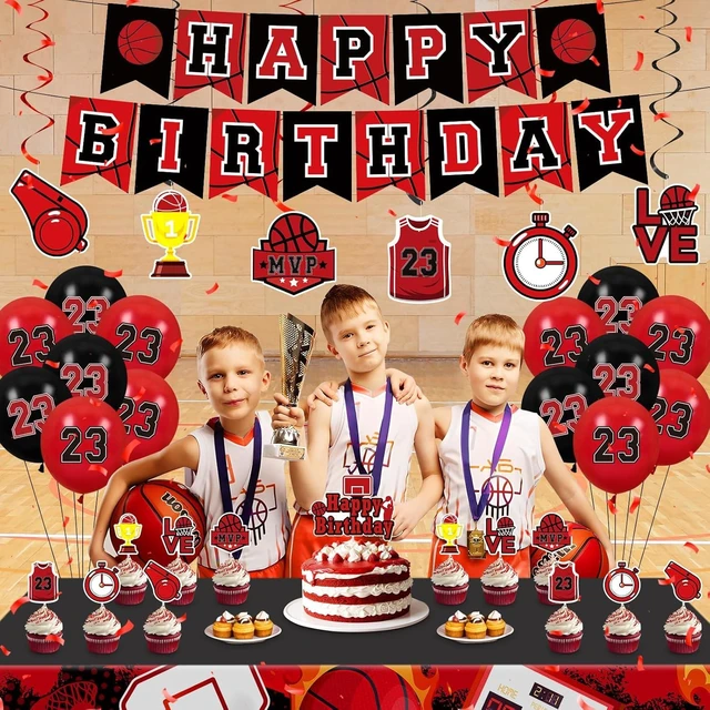 Alt view image 13 of 14 - Basketball Party Decorations 51Pcs Black Red Basketball Happy Birthday Banner Balloons Cake Topper Cupcake Toppers Hanging Swirls Kit for Boys Kids Teens Sport Theme Basketball Birthday Party Supplies