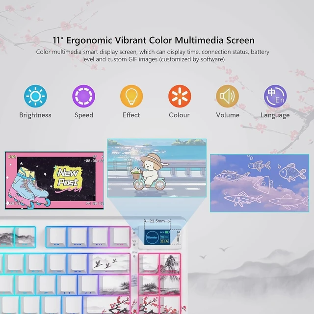 Alt view image 10 of 14 - Womier 75% Wireless Mechanical Keyboard with Color Multimedia Screen Gaming Creamy Keyboard, Theme 3-Modes Hot Swappable Key Board w/Wrist Rest,SK80 PRO Gasket RGB Custom for Mac/Win,Red Plum