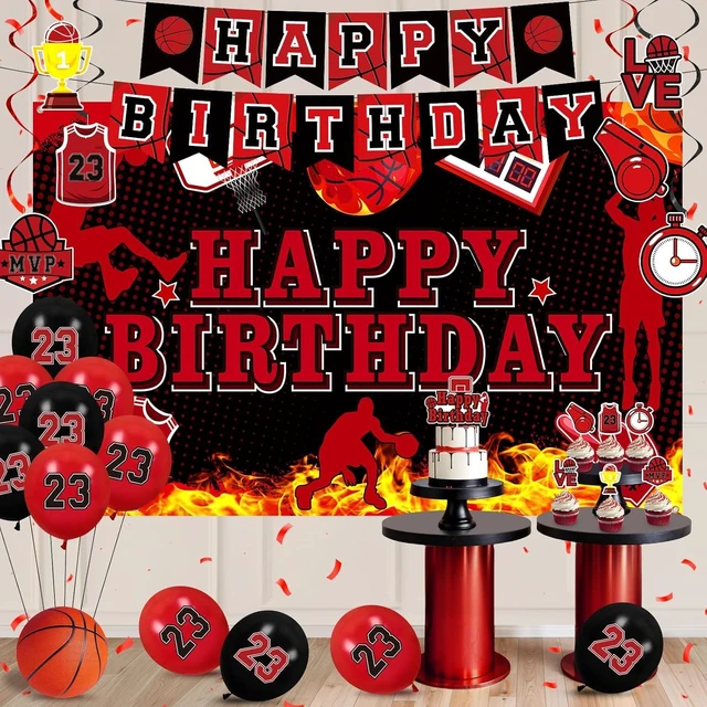 Alt view image 14 of 14 - Basketball Party Decorations 51Pcs Black Red Basketball Happy Birthday Banner Balloons Cake Topper Cupcake Toppers Hanging Swirls Kit for Boys Kids Teens Sport Theme Basketball Birthday Party Supplies