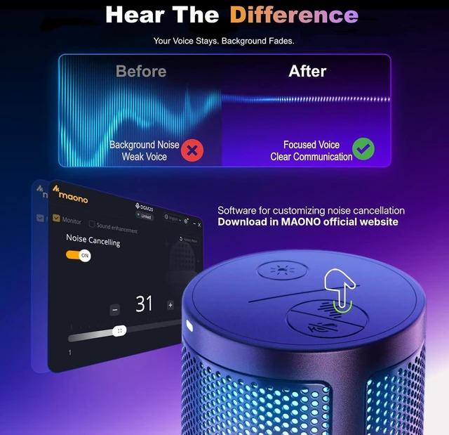 Alt view image 10 of 14 - MAONO DGM20 USB Gaming Microphone for PC with Clear Voice & RGB Lighting | Noise Reduction, Tap-to-Mute, Gain Control and Plug & Play for Discord, Streaming, Podcasting, Chat and PS5/PS4 Gaming