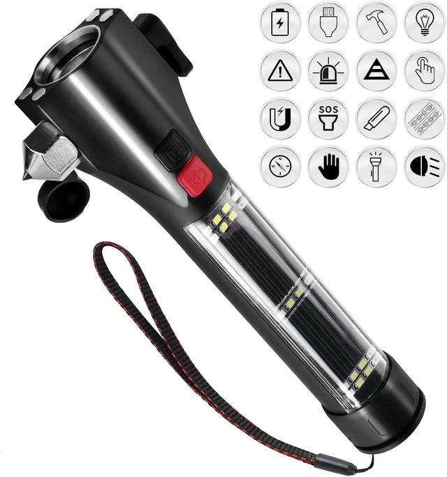 Alt view image 8 of 14 - Solar Powered Car Safety Hammer Flashlight with Seatbelt Cutter, LED High Lumens, Red and Blue SOS Flashing, USB Charging, Magnetic Attraction, Portable Design