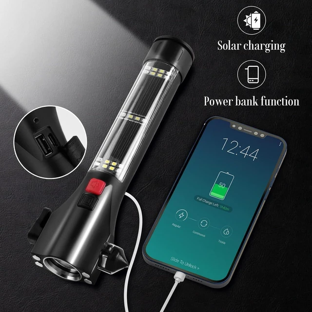 Alt view image 10 of 14 - Solar Powered Car Safety Hammer Flashlight with Seatbelt Cutter, LED High Lumens, Red and Blue SOS Flashing, USB Charging, Magnetic Attraction, Portable Design