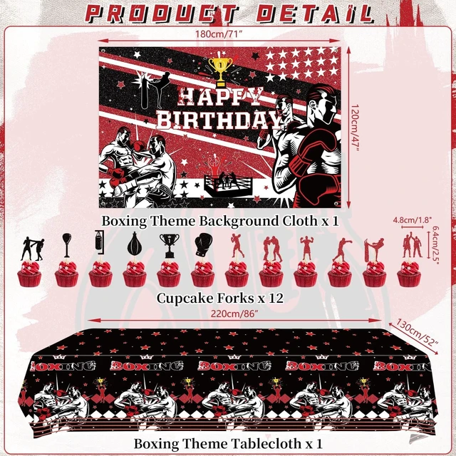 Alt view image 10 of 14 - KEFAN Boxing Birthday Party Decorations, Boxing Party Supplies Packs, Fight Sports Wrestling Party Supplies including Backdrop, Plates, Napkins, Tablecloths, Balloons, Serves 20 (Background)