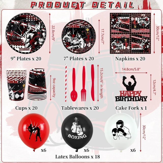 Alt view image 9 of 14 - KEFAN Boxing Birthday Party Decorations, Boxing Party Supplies Packs, Fight Sports Wrestling Party Supplies including Backdrop, Plates, Napkins, Tablecloths, Balloons, Serves 20 (Background)