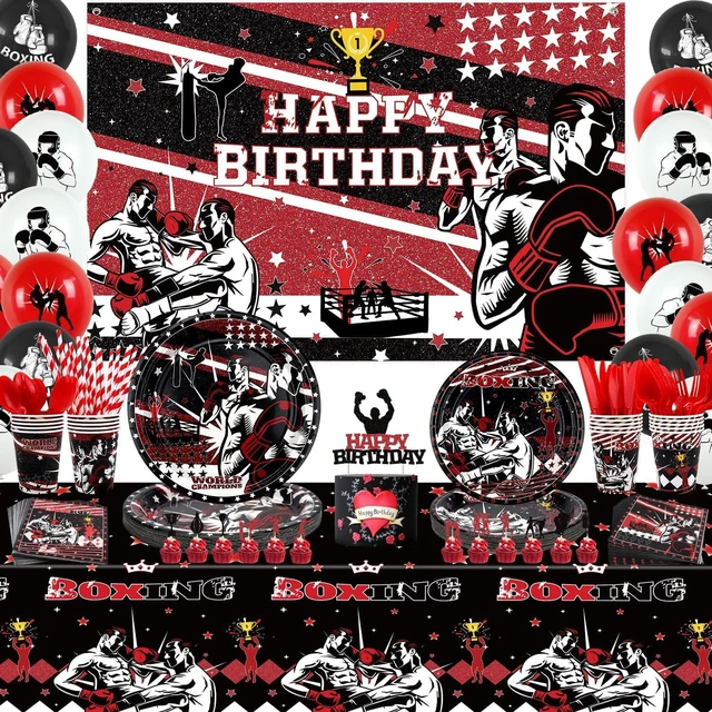 Alt view image 8 of 14 - KEFAN Boxing Birthday Party Decorations, Boxing Party Supplies Packs, Fight Sports Wrestling Party Supplies including Backdrop, Plates, Napkins, Tablecloths, Balloons, Serves 20 (Background)