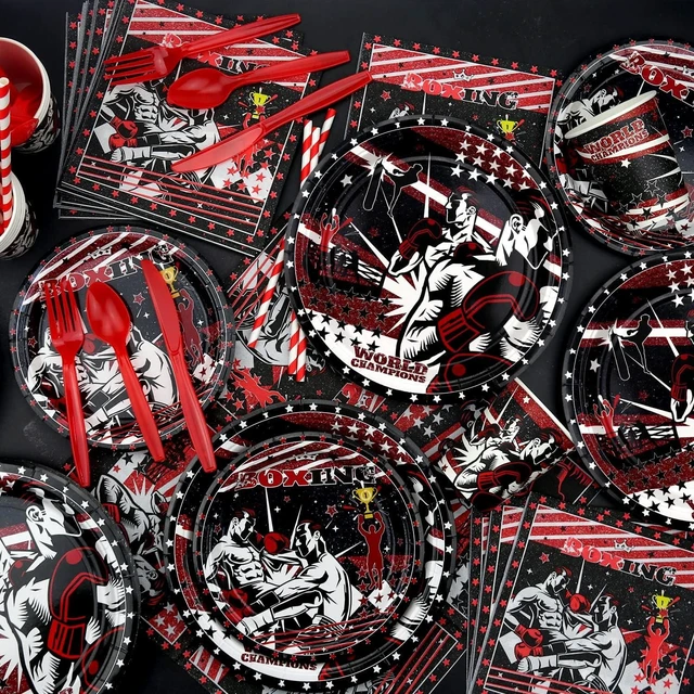 Alt view image 12 of 14 - KEFAN Boxing Birthday Party Decorations, Boxing Party Supplies Packs, Fight Sports Wrestling Party Supplies including Backdrop, Plates, Napkins, Tablecloths, Balloons, Serves 20 (Background)