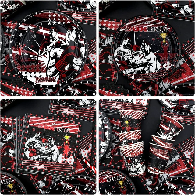 Alt view image 11 of 14 - KEFAN Boxing Birthday Party Decorations, Boxing Party Supplies Packs, Fight Sports Wrestling Party Supplies including Backdrop, Plates, Napkins, Tablecloths, Balloons, Serves 20 (Background)