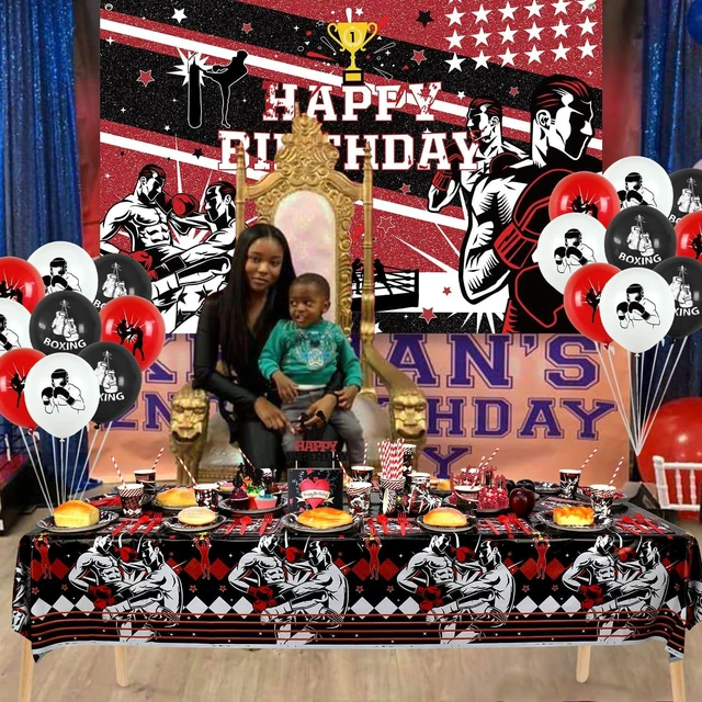 Alt view image 13 of 14 - KEFAN Boxing Birthday Party Decorations, Boxing Party Supplies Packs, Fight Sports Wrestling Party Supplies including Backdrop, Plates, Napkins, Tablecloths, Balloons, Serves 20 (Background)