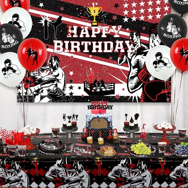 Alt view image 14 of 14 - KEFAN Boxing Birthday Party Decorations, Boxing Party Supplies Packs, Fight Sports Wrestling Party Supplies including Backdrop, Plates, Napkins, Tablecloths, Balloons, Serves 20 (Background)