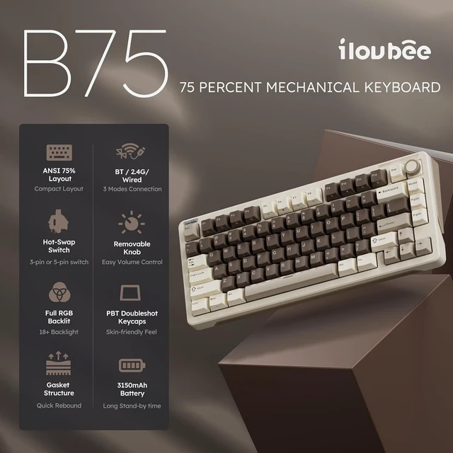 Alt view image 9 of 14 - iLovBee B75 Wireless Mechanical Keyboard, 75% Percent Gaming Keyboard w/Bluetooth/2.4GHz/USB Wired, Creamy Hot Swappable Keyboards with Knob, Gasket Mounted PBT keycaps, Pre-Lubed Linear Switches