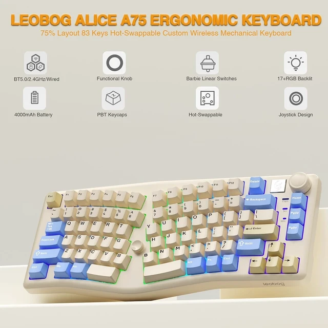 Alt view image 9 of 14 - LEOBOG A75 Alice Ergonomic Wireless Mechanical Keyboard with Joystick Knob