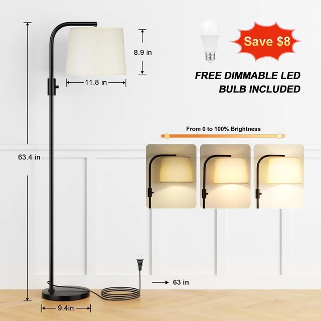 Alt view image 9 of 14 - Ambimall Fully Dimmable Floor Lamp with 9W LED Bulb, Standing Lamp for Living Room with Adjustable Head, Modern Standing Tall Light with Rotary Switch for Office