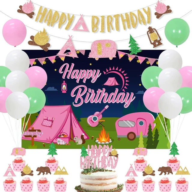 Alt view image 8 of 14 - Girl Camping Party Decorations, Pink Camping Party Decorations with Happy Birthday Backdrop Cake Topper Banner Garland Cupcake Topper Balloons for Camp Themed Birthday Party Supplies