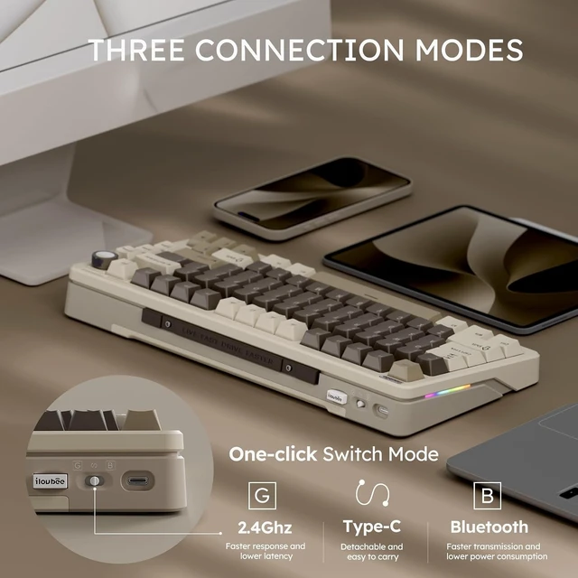Alt view image 11 of 14 - iLovBee B75 Wireless Mechanical Keyboard, 75% Percent Gaming Keyboard w/Bluetooth/2.4GHz/USB Wired, Creamy Hot Swappable Keyboards with Knob, Gasket Mounted PBT keycaps, Pre-Lubed Linear Switches