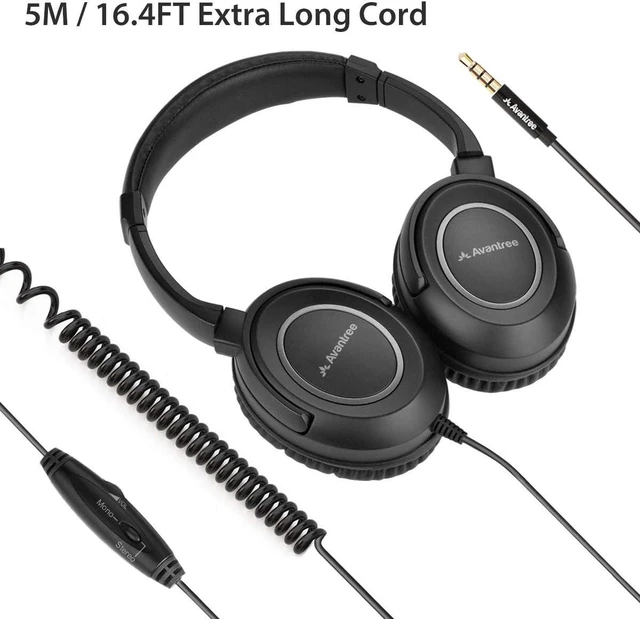 Alt view image 9 of 14 - Avantree HF039 Long Coiled Cord Headphones for TV and PC with Volume Control, Stero/Mono Control,16.4 Feet / 5M Extended Range Cable, 3.5mm AUX Audio, Stereo Sound Spiral Wired Over Ear Headphones