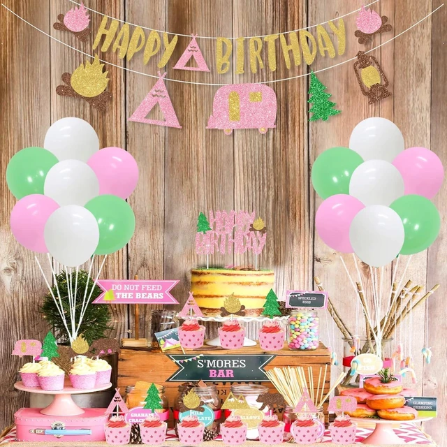 Alt view image 10 of 14 - Girl Camping Party Decorations, Pink Camping Party Decorations with Happy Birthday Backdrop Cake Topper Banner Garland Cupcake Topper Balloons for Camp Themed Birthday Party Supplies