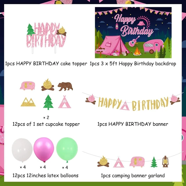 Alt view image 14 of 14 - Girl Camping Party Decorations, Pink Camping Party Decorations with Happy Birthday Backdrop Cake Topper Banner Garland Cupcake Topper Balloons for Camp Themed Birthday Party Supplies