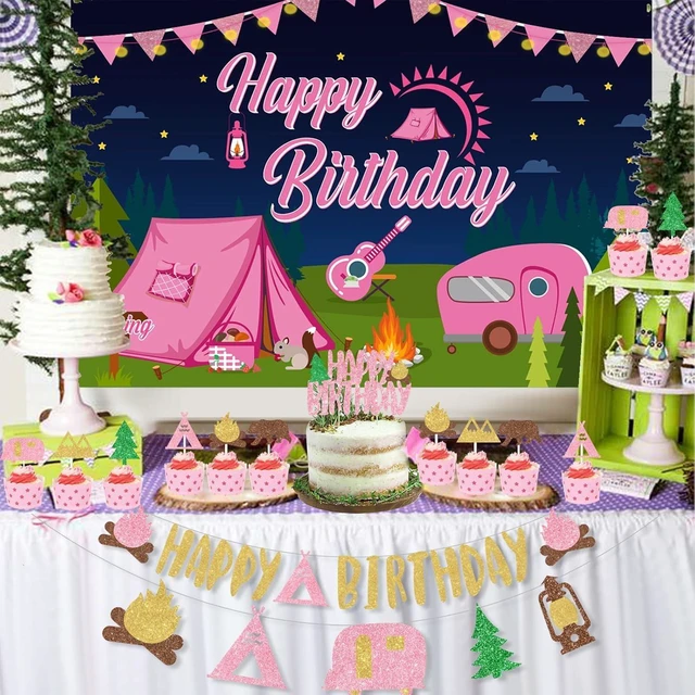 Alt view image 12 of 14 - Girl Camping Party Decorations, Pink Camping Party Decorations with Happy Birthday Backdrop Cake Topper Banner Garland Cupcake Topper Balloons for Camp Themed Birthday Party Supplies