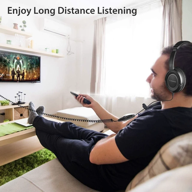 Alt view image 10 of 14 - Avantree HF039 Long Coiled Cord Headphones for TV and PC with Volume Control, Stero/Mono Control,16.4 Feet / 5M Extended Range Cable, 3.5mm AUX Audio, Stereo Sound Spiral Wired Over Ear Headphones