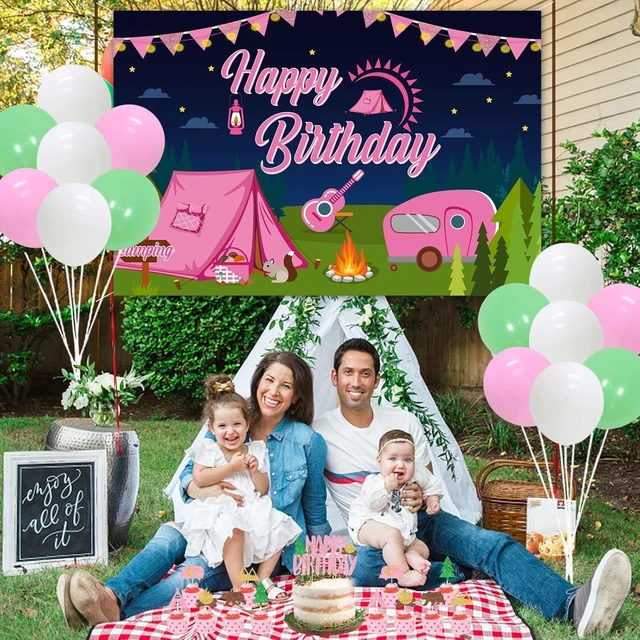 Alt view image 13 of 14 - Girl Camping Party Decorations, Pink Camping Party Decorations with Happy Birthday Backdrop Cake Topper Banner Garland Cupcake Topper Balloons for Camp Themed Birthday Party Supplies