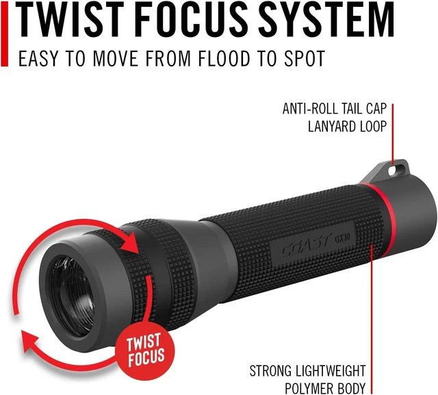 Alt view image 13 of 14 - Coast GX30 2300 Lumen Waterproof Alkaline and Rechargeable Dual Power LED Flashlight with Twist Focus, Anti-Roll Cap and Textured Handle, 6 x AA Batteries Included (length 8.5 inches)