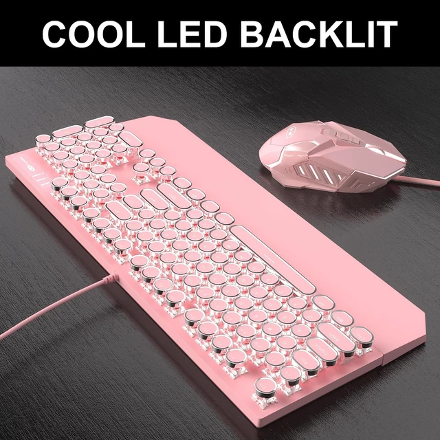 Alt view image 10 of 14 - Retro Pink Typewriter-Style Keyboard and Mouse Combo, Cute Light Up Wired Mechanical Keyboard with Linear Red Switches, Full Size for Gaming, Work, Mac, PC, Windows