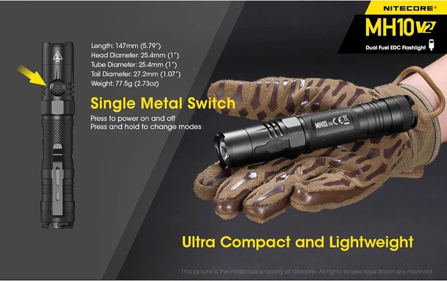 Alt view image 12 of 14 - Nitecore MH10 v2 Rechargeable Flashlight, 1200 Lumen LED USB-C Fast Charging Side Switch Compact for EDC Pocket Carry with LumenTac Organizer
