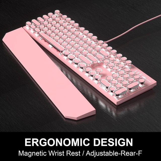 Alt view image 12 of 14 - Retro Pink Typewriter-Style Keyboard and Mouse Combo, Cute Light Up Wired Mechanical Keyboard with Linear Red Switches, Full Size for Gaming, Work, Mac, PC, Windows