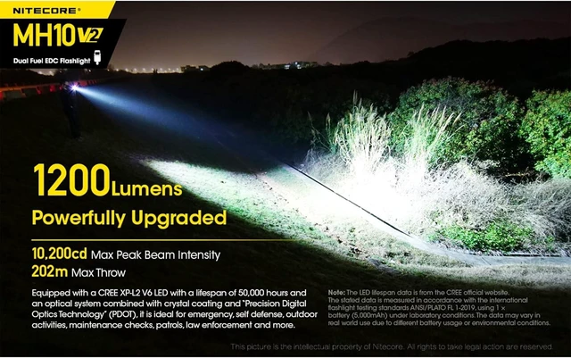 Alt view image 10 of 14 - Nitecore MH10 v2 Rechargeable Flashlight, 1200 Lumen LED USB-C Fast Charging Side Switch Compact for EDC Pocket Carry with LumenTac Organizer