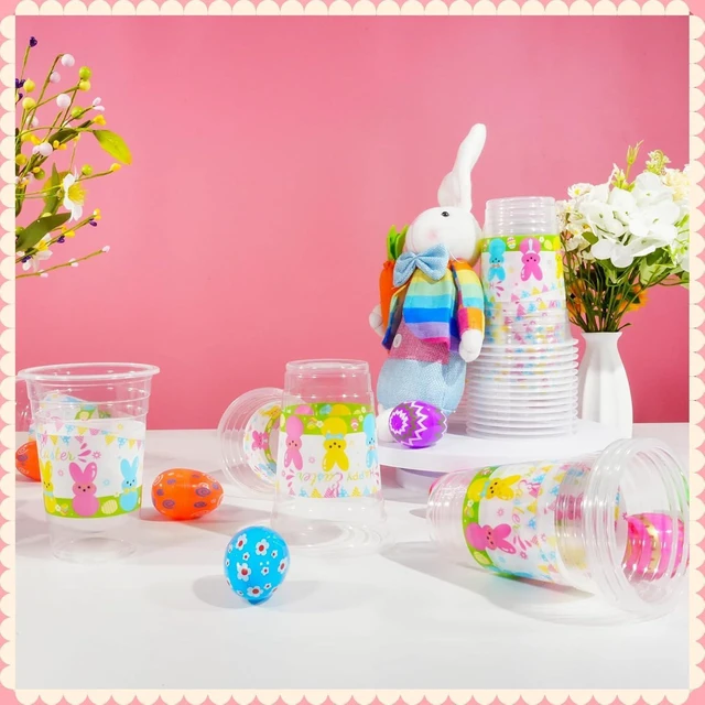 Alt view image 10 of 14 - 60 Pieces 16oz Easter Bunny Disposable Plastic Cups for Easter Party Supplies, Bunny Birthday Party Decorations