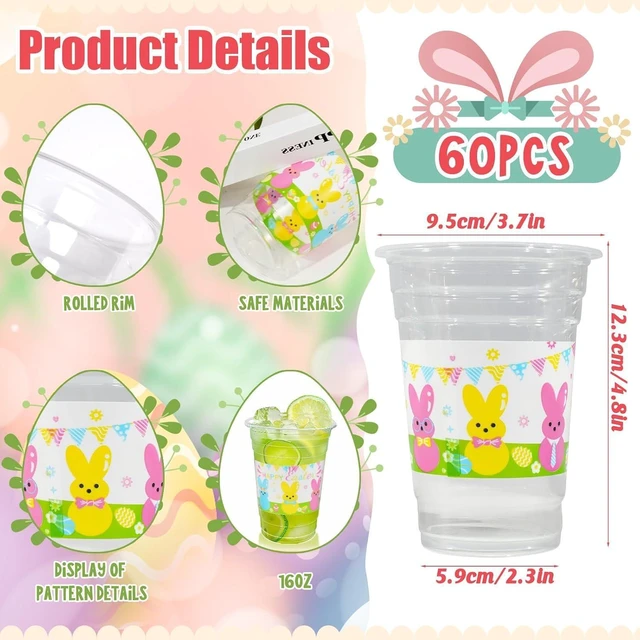 Alt view image 9 of 14 - 60 Pieces 16oz Easter Bunny Disposable Plastic Cups for Easter Party Supplies, Bunny Birthday Party Decorations
