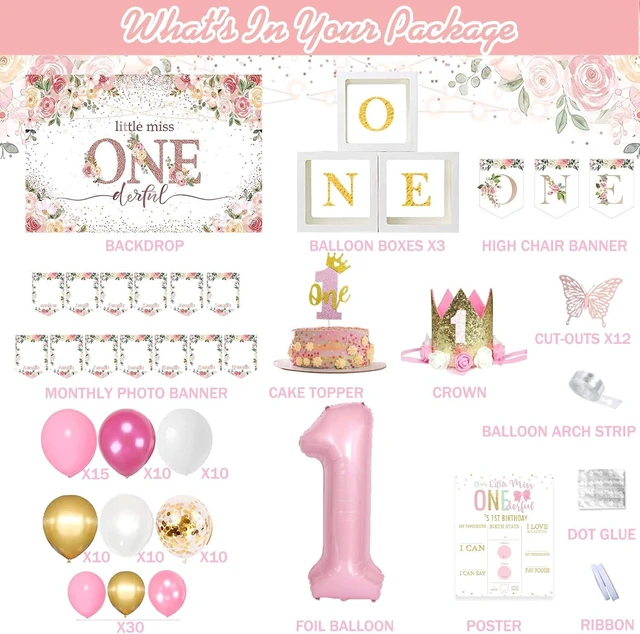 Alt view image 9 of 14 - 1st Birthday Decorations for Girl, Baby Girl First Birthday Supplies, Little Miss Onederful 1st Party Decorations, One Year Old Theme Party Supplies