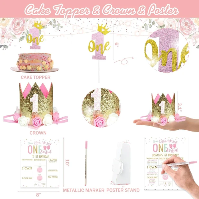 Alt view image 12 of 14 - 1st Birthday Decorations for Girl, Baby Girl First Birthday Supplies, Little Miss Onederful 1st Party Decorations, One Year Old Theme Party Supplies