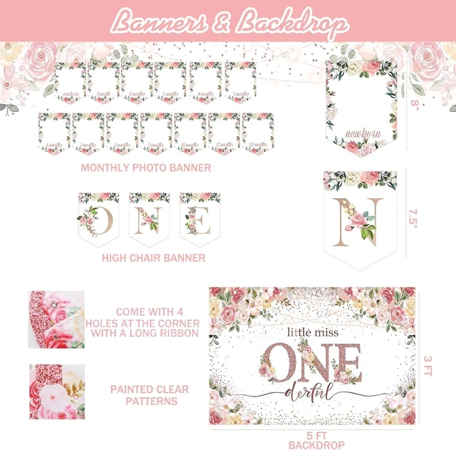 Alt view image 10 of 14 - 1st Birthday Decorations for Girl, Baby Girl First Birthday Supplies, Little Miss Onederful 1st Party Decorations, One Year Old Theme Party Supplies