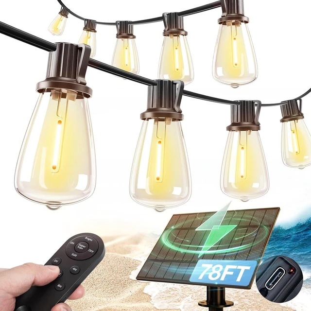 Alt view image 8 of 14 - addlon 78FT(72+6) Solar String Lights Outdoor, Waterproof Solar Powered Outside Lights with Remote & USB Port, ST38 LED Shatterproof Bulbs, Dimmable Solar Light for Camping Backyard Porch