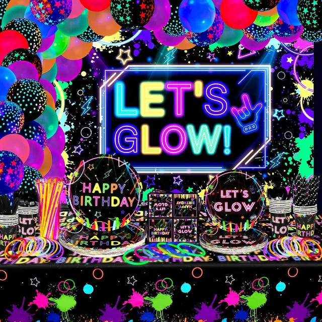 Alt view image 8 of 14 - Glow Neon Party Supplies - Glow in the Dark Birthday Let's Glow Backdrop Banner, Plates, Glow Sticks, Tablecloths, Cups, Napkins, Neon Balloons, for Blacklight Party Decorations Serves 20 (Set A)