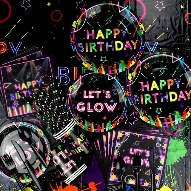 Alt view image 10 of 14 - Glow Neon Party Supplies - Glow in the Dark Birthday Let's Glow Backdrop Banner, Plates, Glow Sticks, Tablecloths, Cups, Napkins, Neon Balloons, for Blacklight Party Decorations Serves 20 (Set A)
