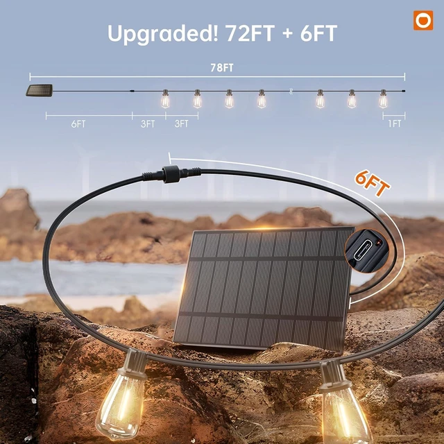Alt view image 13 of 14 - addlon 78FT(72+6) Solar String Lights Outdoor, Waterproof Solar Powered Outside Lights with Remote & USB Port, ST38 LED Shatterproof Bulbs, Dimmable Solar Light for Camping Backyard Porch