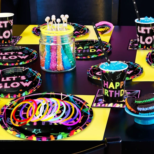 Alt view image 13 of 14 - Glow Neon Party Supplies - Glow in the Dark Birthday Let's Glow Backdrop Banner, Plates, Glow Sticks, Tablecloths, Cups, Napkins, Neon Balloons, for Blacklight Party Decorations Serves 20 (Set A)