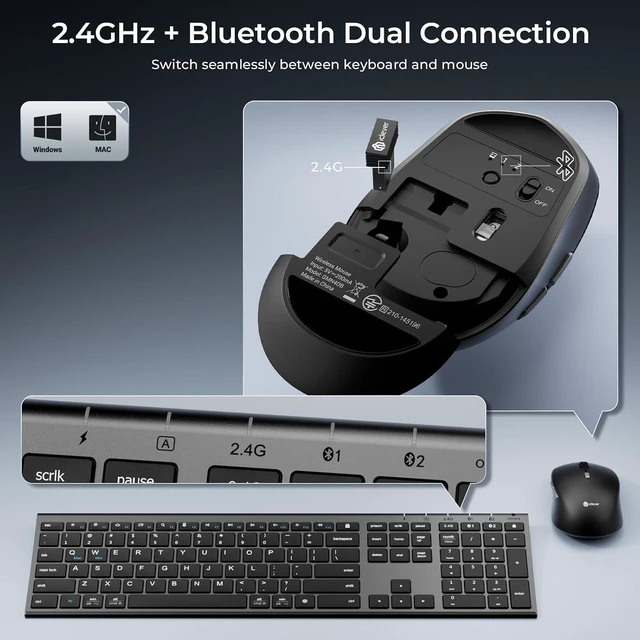 Alt view image 10 of 14 - iClever DK03 Bluetooth Keyboard and Mouse, Rechargeable Dual-Mode (Bluetooth 4.2 + 2.4G) Wireless Keyboard and Mouse Combo, Ultra-Slim Multi-Device Keyboard for Mac, iPad, Apple, Android, Windows