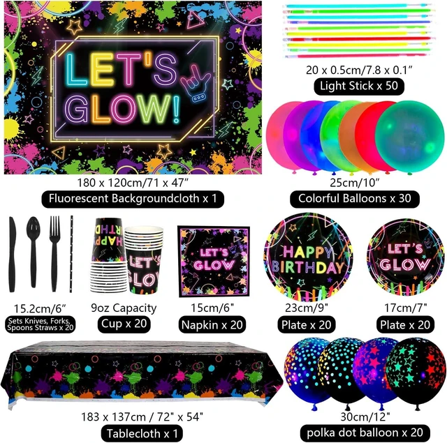 Alt view image 9 of 14 - Glow Neon Party Supplies - Glow in the Dark Birthday Let's Glow Backdrop Banner, Plates, Glow Sticks, Tablecloths, Cups, Napkins, Neon Balloons, for Blacklight Party Decorations Serves 20 (Set A)
