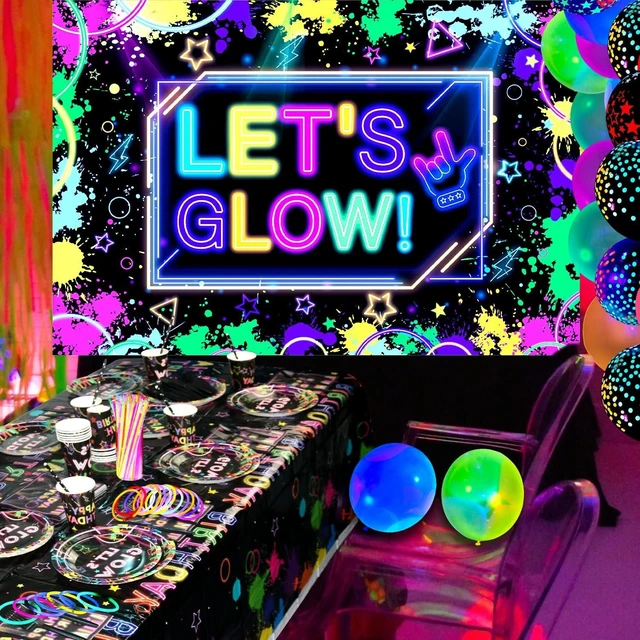 Alt view image 12 of 14 - Glow Neon Party Supplies - Glow in the Dark Birthday Let's Glow Backdrop Banner, Plates, Glow Sticks, Tablecloths, Cups, Napkins, Neon Balloons, for Blacklight Party Decorations Serves 20 (Set A)