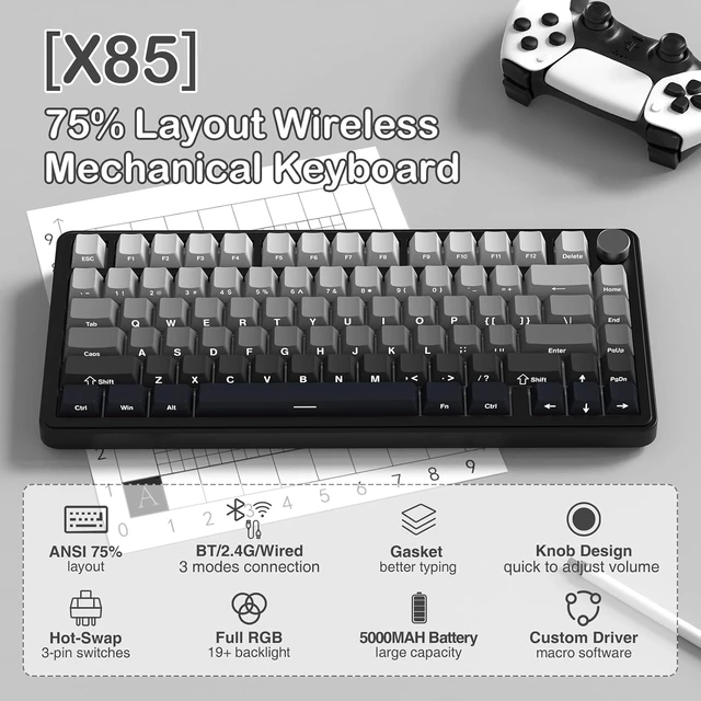 Alt view image 9 of 14 - ATTACK SHARK X85 Wireless Mechanical Gaming Keyboard with Knob Hot Swappable BT/2.4GHz/USB-C Side Print PBT Keycaps 75% Gasket Keyboard RGB Coiled Cable Linear White Jade Switch for PC/MAC/Win