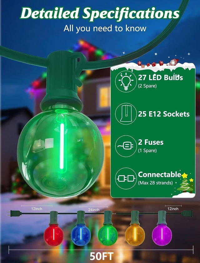 Alt view image 9 of 14 - SUNSGNE G40 LED Christmas Globe String Lights, 50FT Shatterproof Round Colored Christmas Lights with 27 LED Clear Multicolor Bulbs(2 Spare) for Patio Balcony Roofline Garden Decor