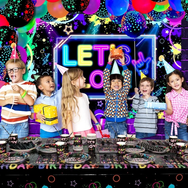 Alt view image 11 of 14 - Glow Neon Party Supplies - Glow in the Dark Birthday Let's Glow Backdrop Banner, Plates, Glow Sticks, Tablecloths, Cups, Napkins, Neon Balloons, for Blacklight Party Decorations Serves 20 (Set A)