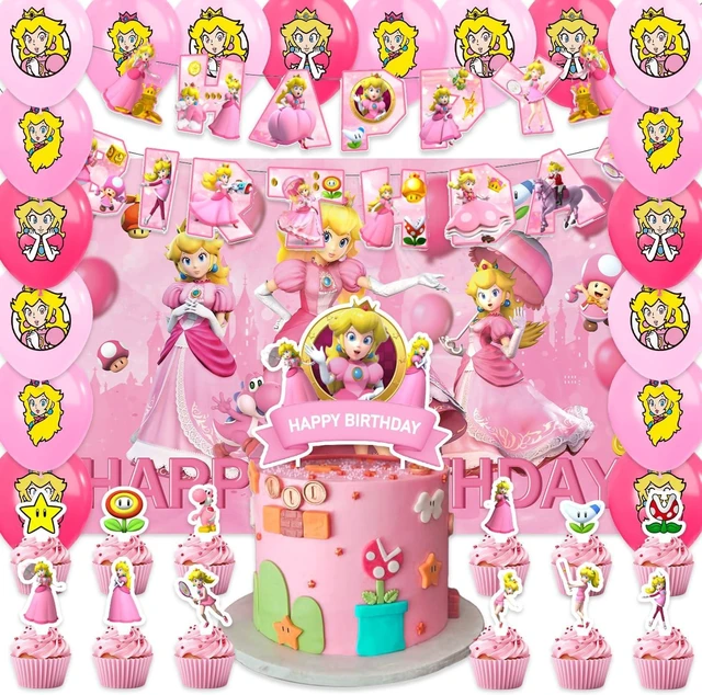 Alt view image 7 of 12 - 42pcs Princess Peach Birthday Party Supplies Pack IncludesBannerCake TopperBlackdrop,Balloons for Princess Peach party supplies