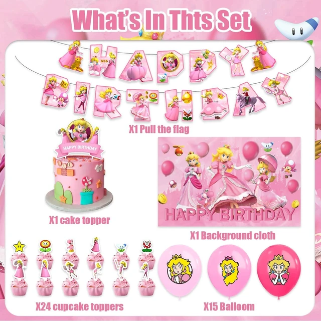 Alt view image 8 of 12 - 42pcs Princess Peach Birthday Party Supplies Pack IncludesBannerCake TopperBlackdrop,Balloons for Princess Peach party supplies