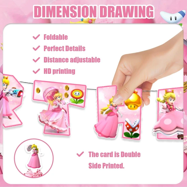 Alt view image 10 of 12 - 42pcs Princess Peach Birthday Party Supplies Pack IncludesBannerCake TopperBlackdrop,Balloons for Princess Peach party supplies