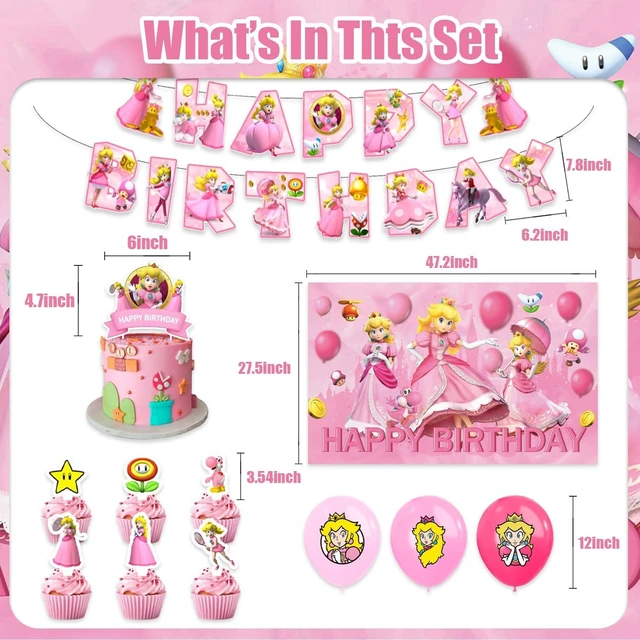 Alt view image 9 of 12 - 42pcs Princess Peach Birthday Party Supplies Pack IncludesBannerCake TopperBlackdrop,Balloons for Princess Peach party supplies